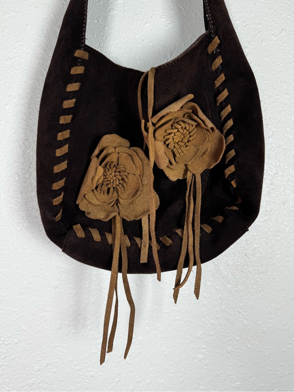 ⁠Y2K Express Brown Genuine Suede Leather Whipstitch Floral Flower Hobo Bag - Picture 3 of 11
